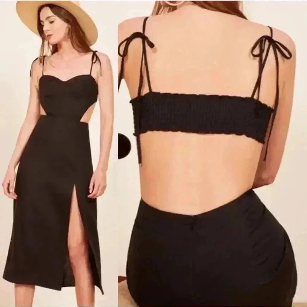 Reformation Black Alessa Linen Cutout Midi Dress Tie Straps Sweetheart Neck 12